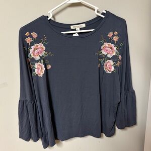 Living Doll Women's Dark Blue Top with Pink Floral Embroidery